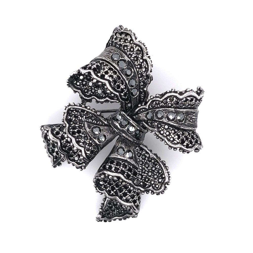 Crystal Lace Bow Brooch Black