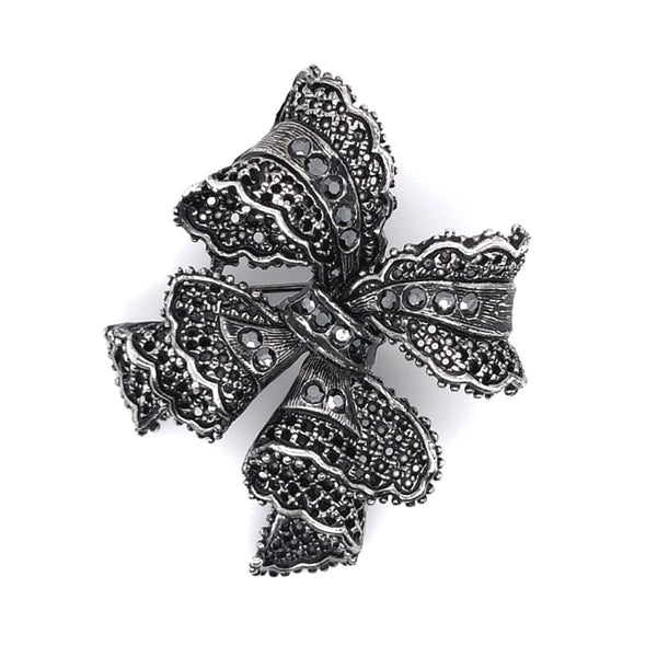 Crystal Lace Bow Brooch Black