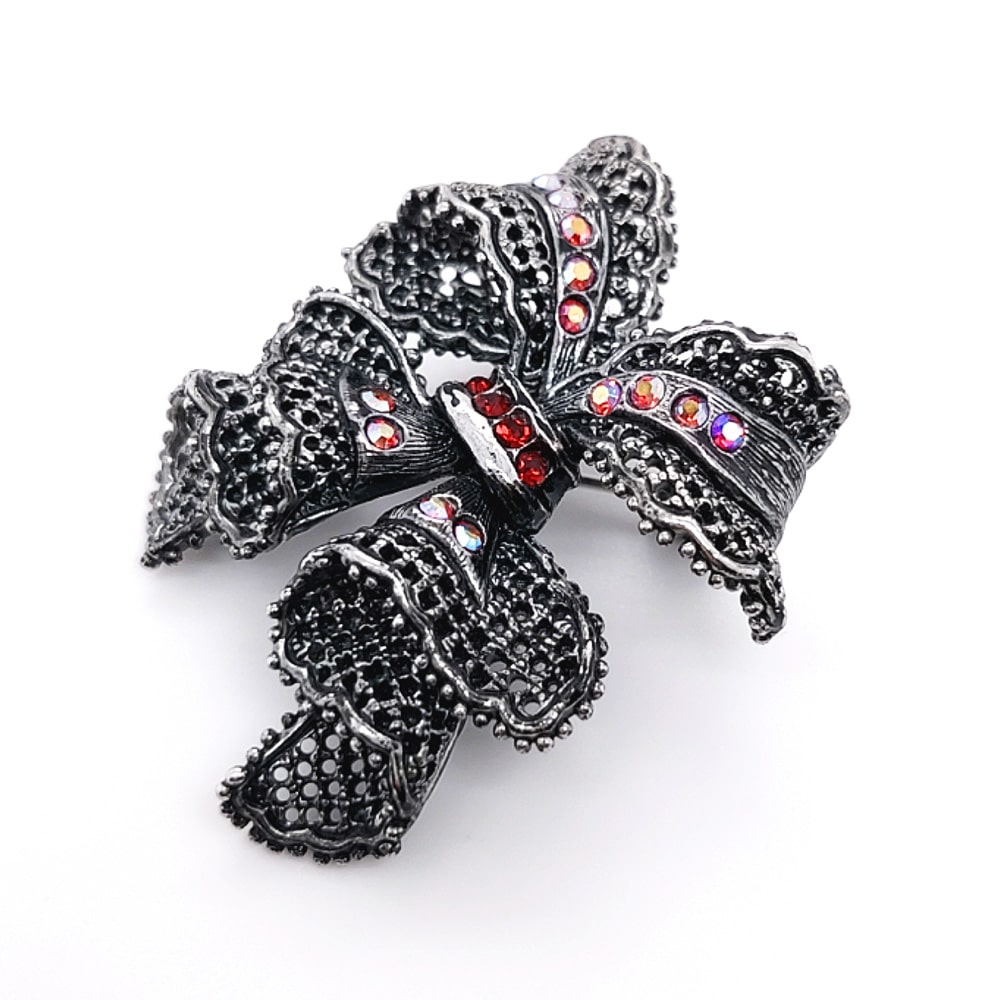 Crystal Lace Bow Brooch Red