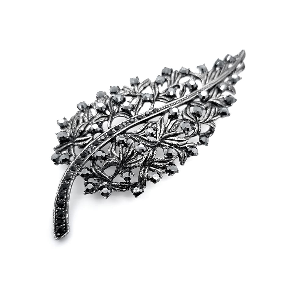 Crystal Leaf Brooch Black