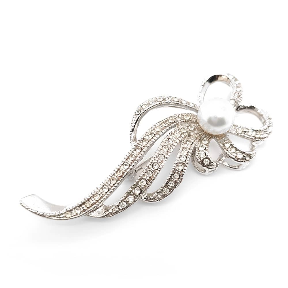 Faux Pearl Crystal Ribbon Brooch