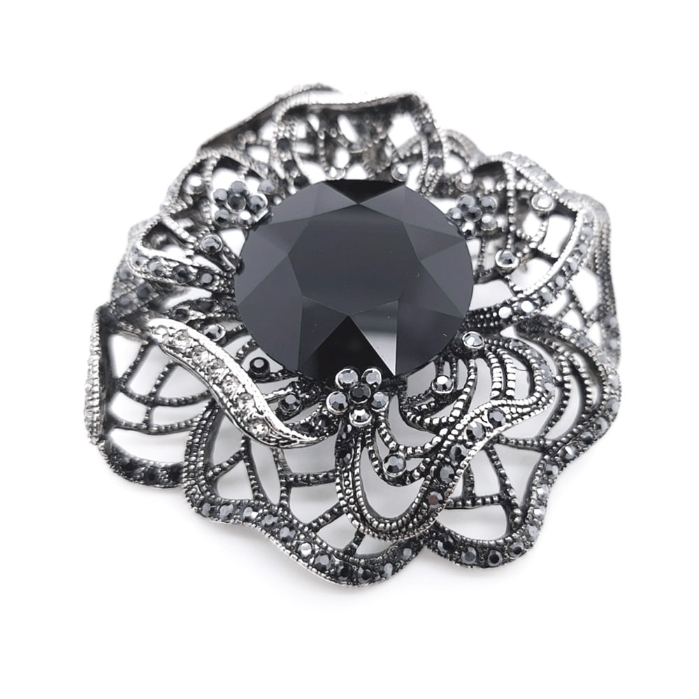 Black Round Crystal Big Brooch