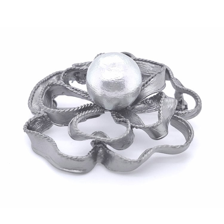 Gun Metal Colour Flower Faux Pearl Brooch