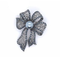 Lace Bow with Silver Faux Pearl Brooch Blue