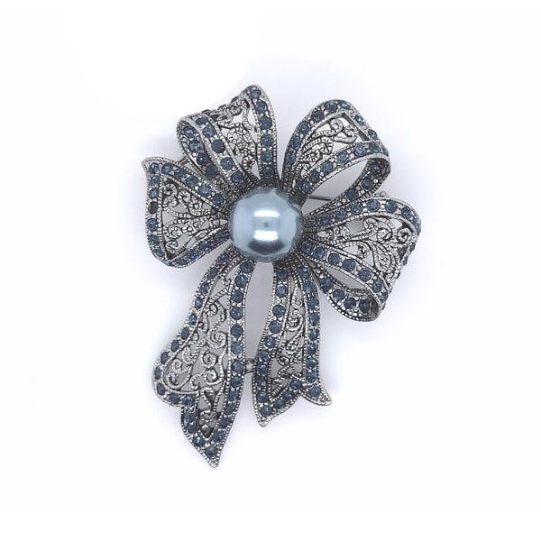 Lace Bow with Silver Faux Pearl Brooch Blue