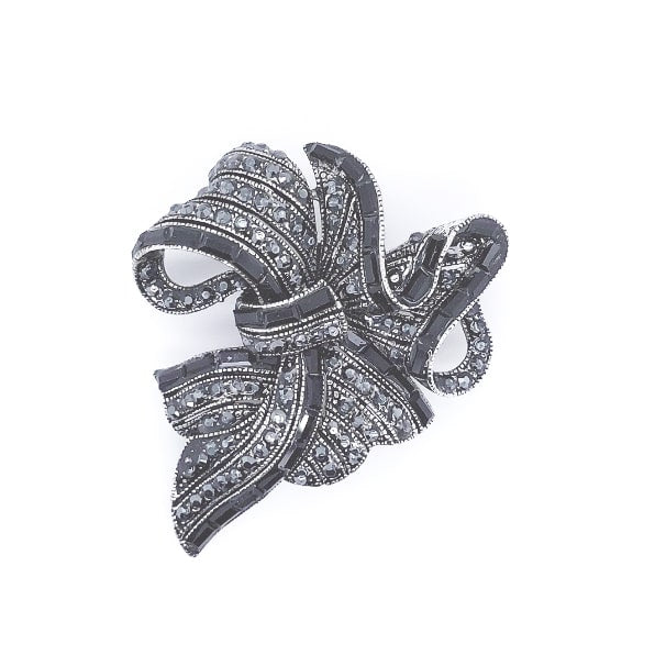 Gun Metal Colour Crystal Ribbon Brooch Midium Size