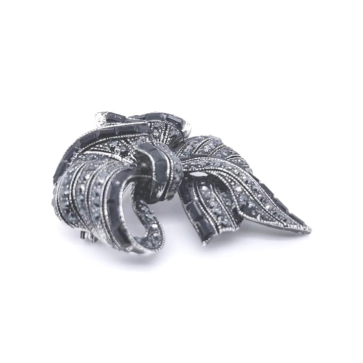 Gun Metal Colour Crystal Ribbon Brooch Midium Size