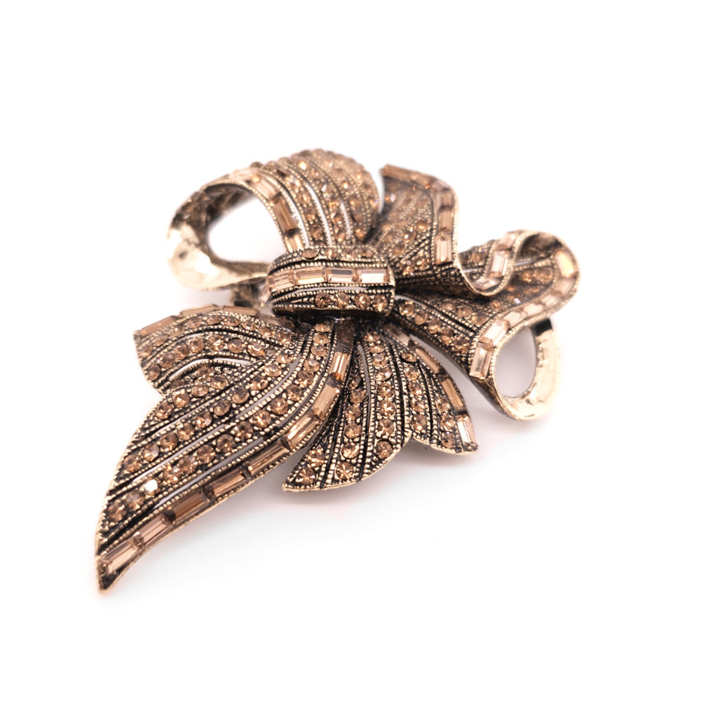 Antique Gold Colour Crystal Big Ribbon Brooch 2