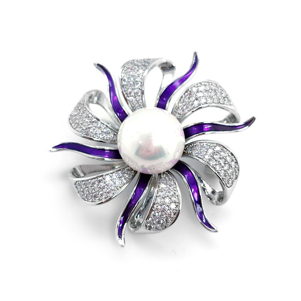 Crystal and Faux Pearl Enamel Brooch