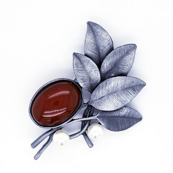 Red Formica and Faux Pearl Brooch or Pendant