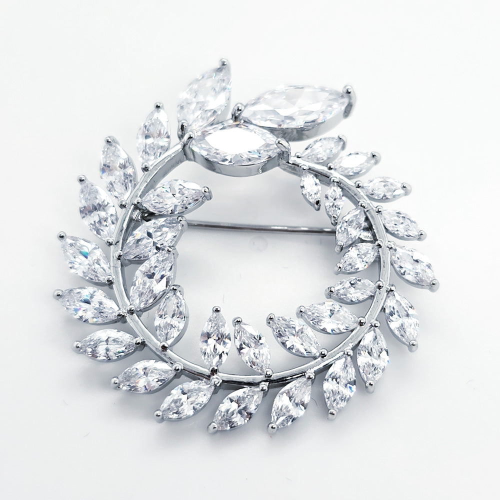 Crystal Olive Leaves Round Brooch