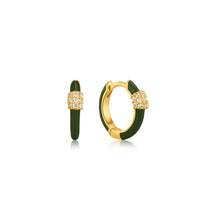 Forest Green Enamel Carabiner Gold Huggie Hoop Earrings