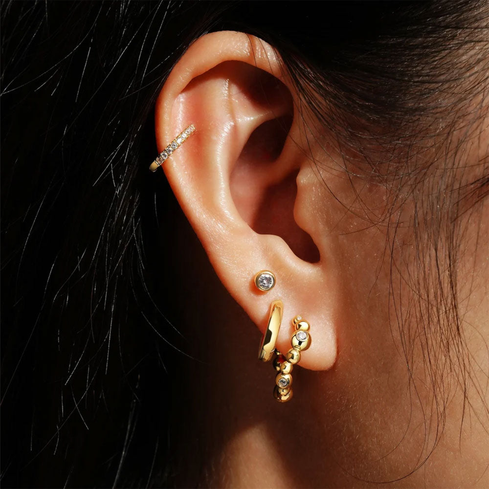 Gold Bezel Beaded Curved Huggie Hoop Earrings