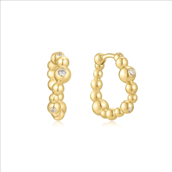 Gold Bezel Beaded Curved Huggie Hoop Earrings