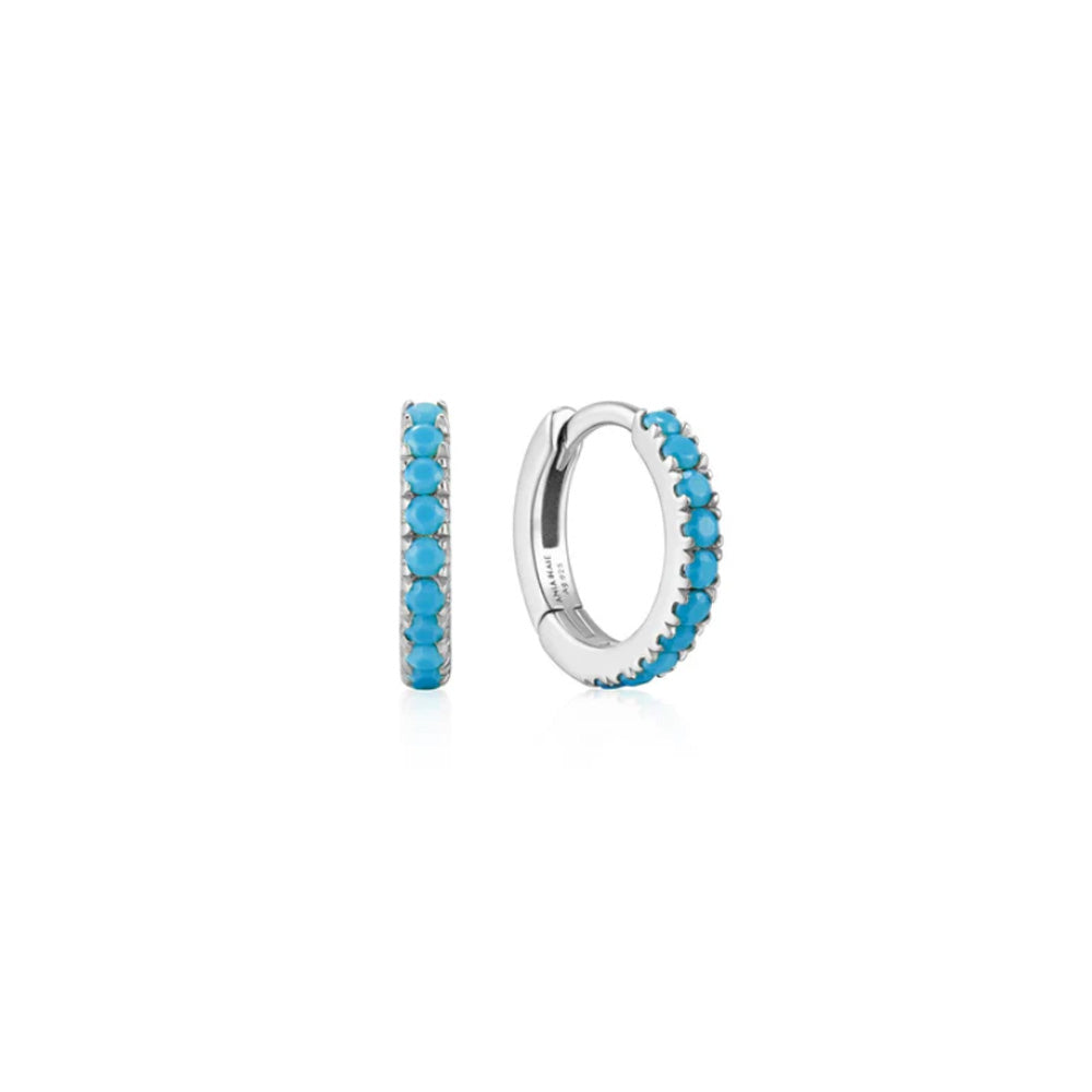 Silver Aqua Blue Row Huggie Hoop Earrings