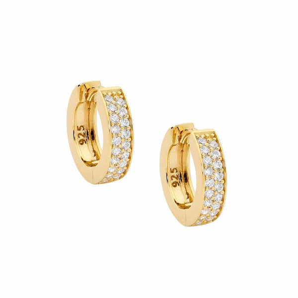 CZ Pave Huggie Hoop Earrings Yellow Gold