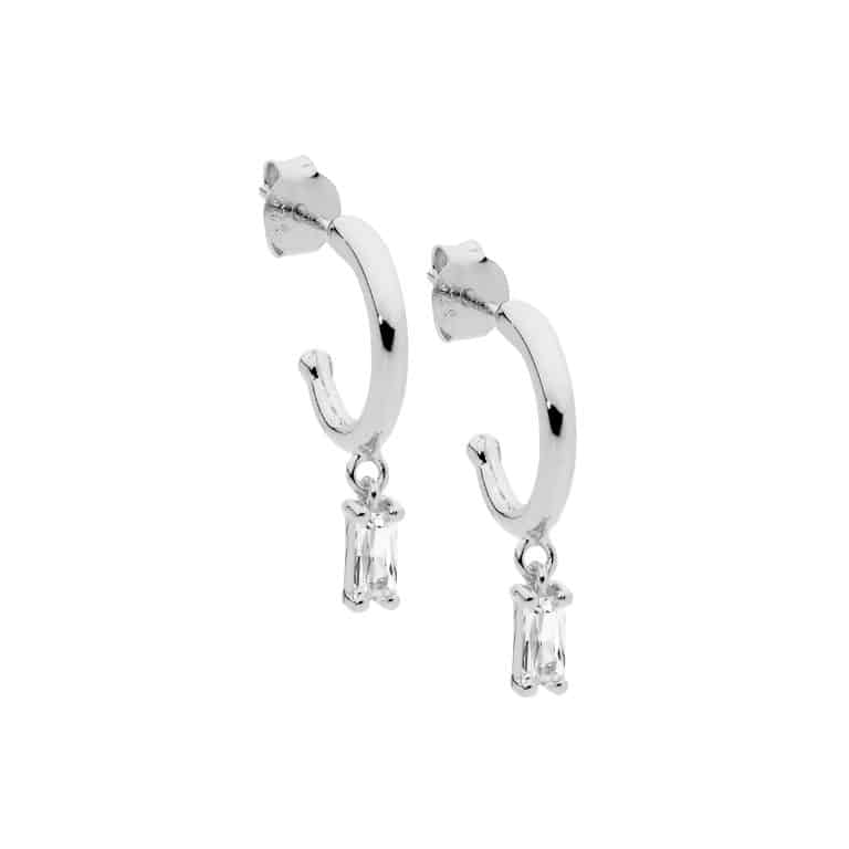 Baguette CZ pendant hoop Earrings White Gold
