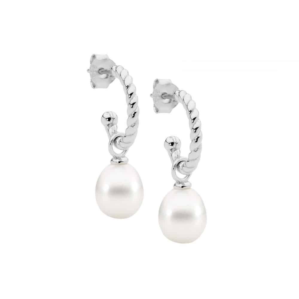 Rhodium Plated Silver Freshwater Pearl Semi Hoop Earrings