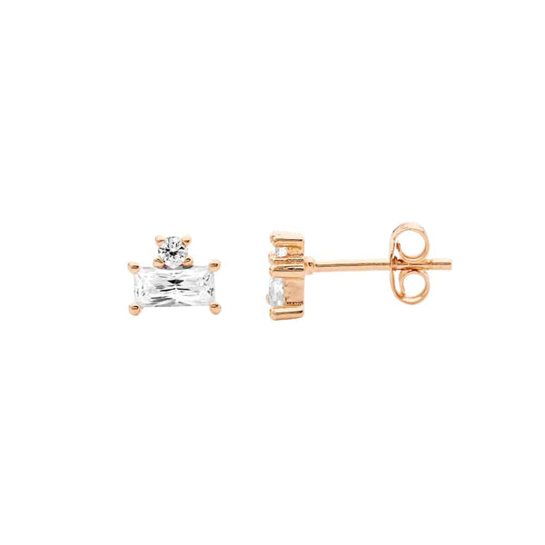Rose Gold Plated Sterling Silver Baguette Cubic Zirconia & Round Stud Earrings