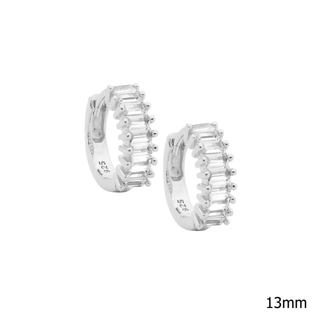 Rhodium Plated White CZ Baguette Hoop Earrings