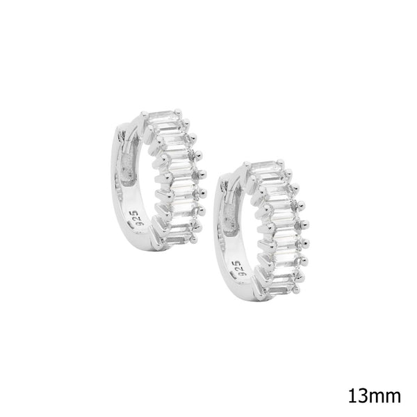 Rhodium Plated White CZ Baguette Hoop Earrings
