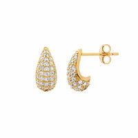 CZ Pave Tear Drop Stud Earrings Yellow Gold