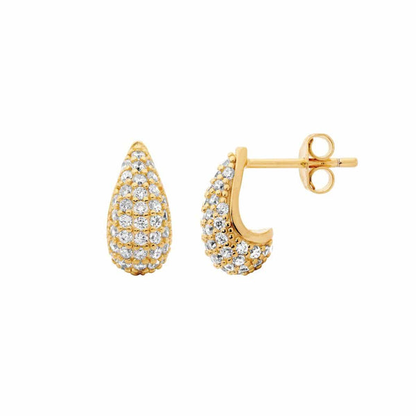 CZ Pave Tear Drop Stud Earrings Yellow Gold