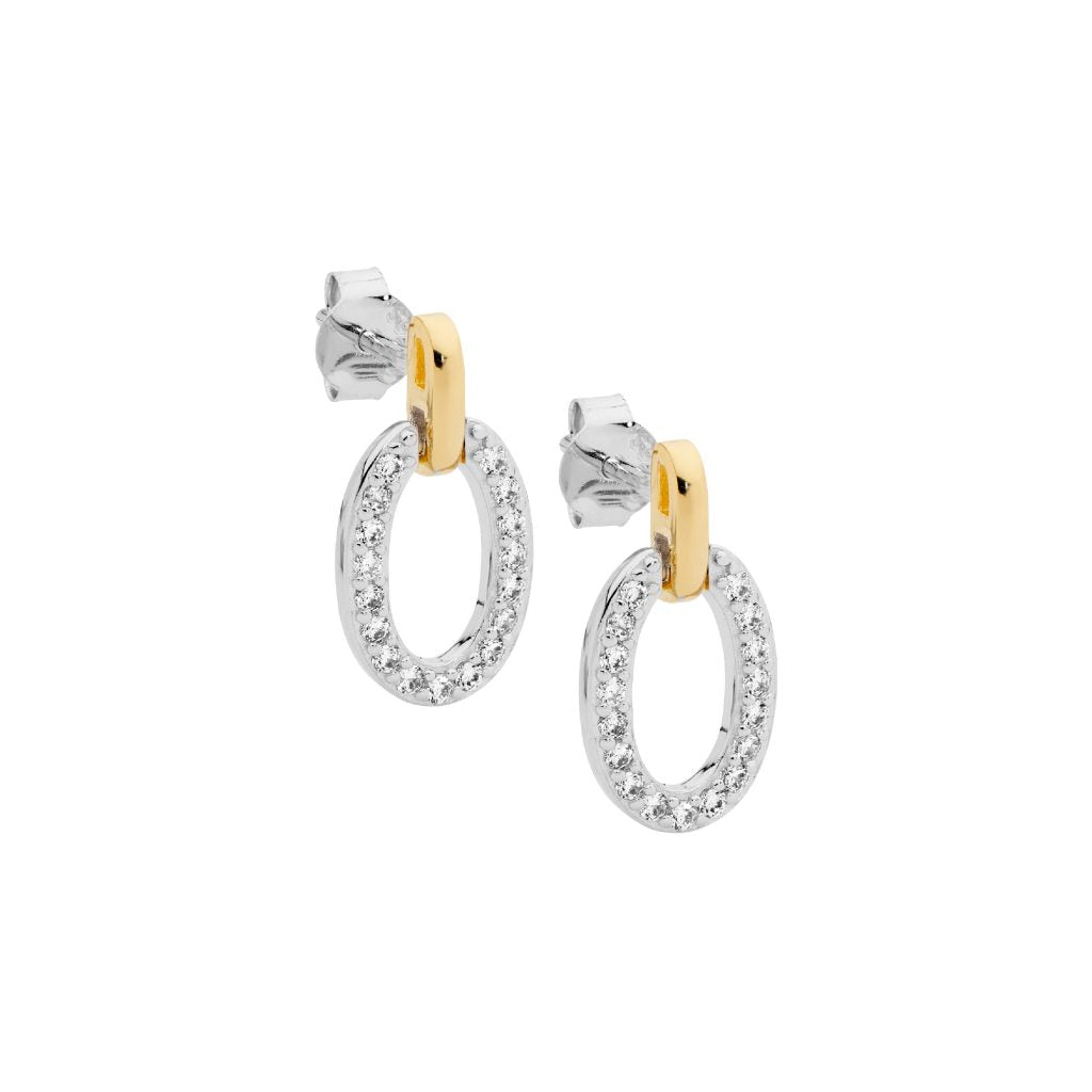 Sterling Silver Open 'O' Two-Tone CZ Stud Earrings