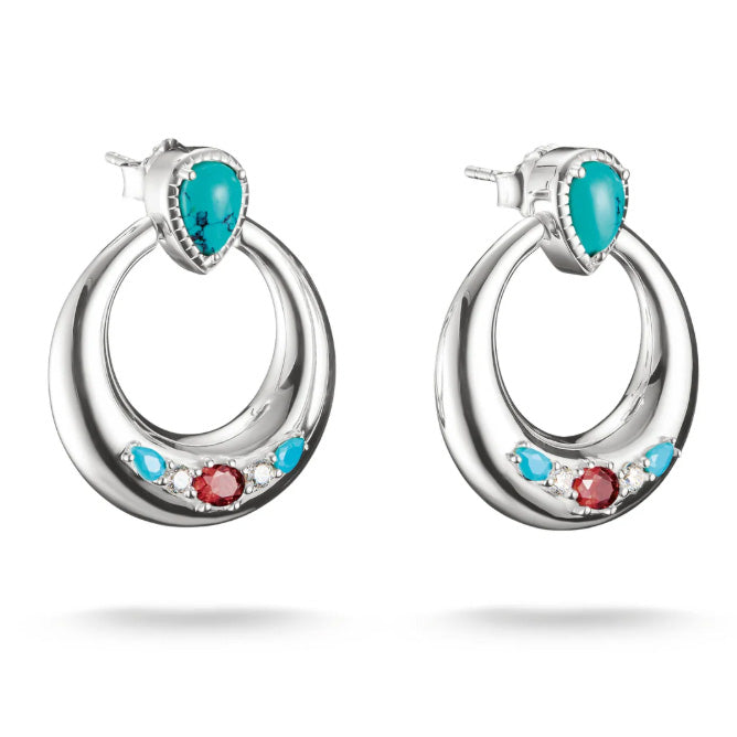 Half-Hoop Earrings with Turquoise, White & Red Stones