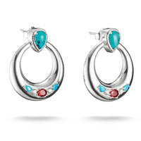 Half-Hoop Earrings with Turquoise, White & Red Stones