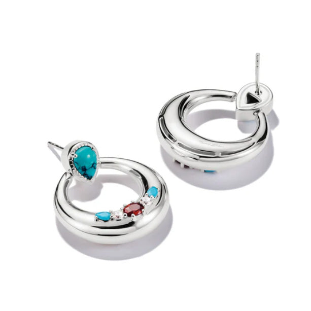 Half-Hoop Earrings with Turquoise, White & Red Stones