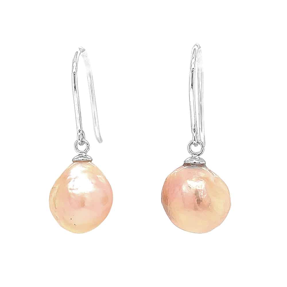 Peach Colour Fresh Water Pearl Silver Hook Earrings