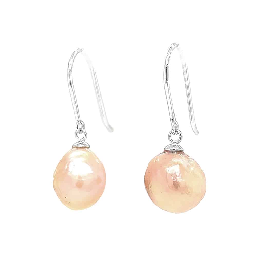 Peach Colour Fresh Water Pearl Silver Hook Earrings