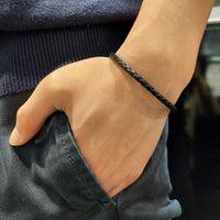 Black Leather Stainless Steel Bangle Bracelet