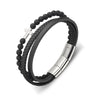 Black Leather Multi-strap with Matte Onyx Bead and Cross Bracelet