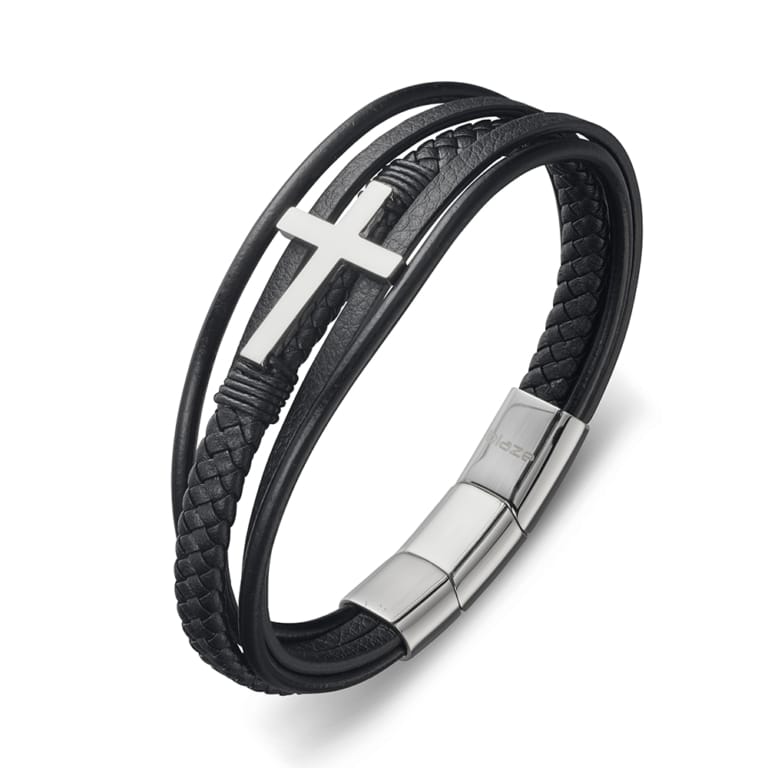 Black Leather Multi-strap with Large Cross Bracelet