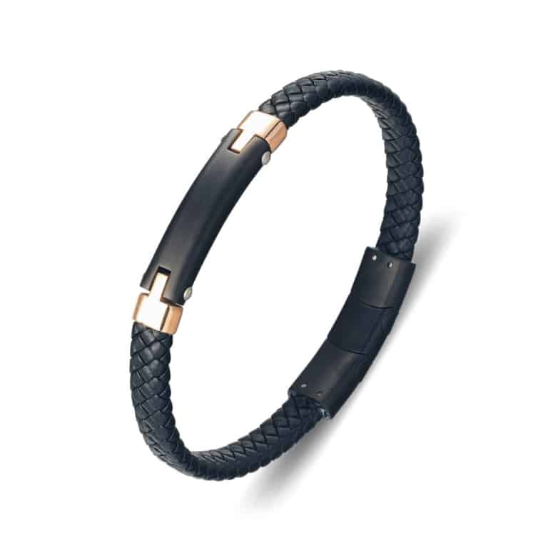 Black Leather with Multi-colour ID Plate Bracelet Rose Gold