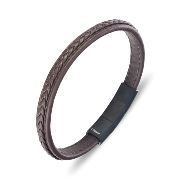 Stitched Brown Leather Bracelet Black Clasp