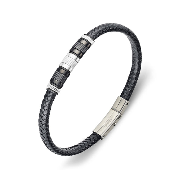 Black Leather braid Bracelet with Stainless Steel Beads Bangle