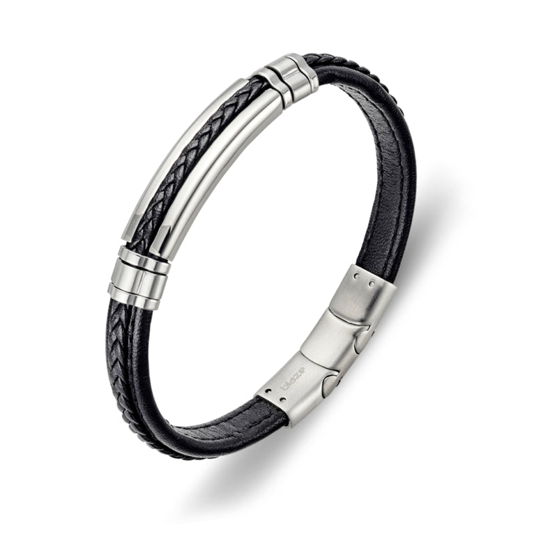 Black Leather Bracelet Stainless Steel Bangle