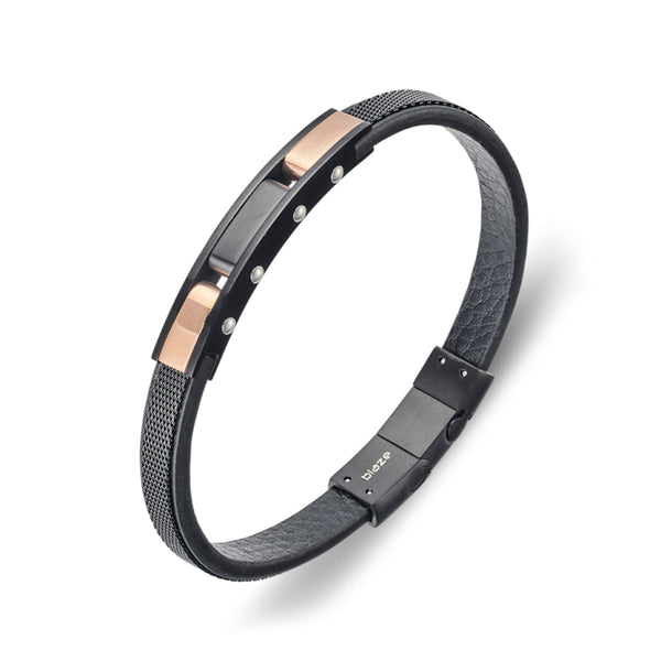 8mm Black Leather and Wire Mesh Bracelet Copper
