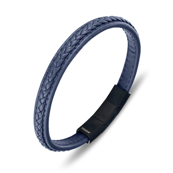 Stitched Blue Leather Bracelet Black Clasp