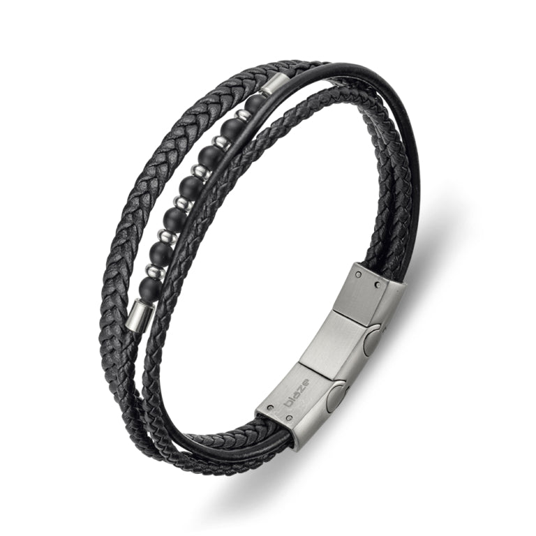Multi Strap Leather Bracelet with Black Beads