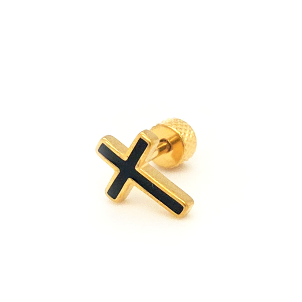 Stainless Steel Cross Screw Earring Yellow Gold