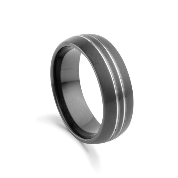 Double Grooved Matte and Polished Black Plate Tungsten Ring
