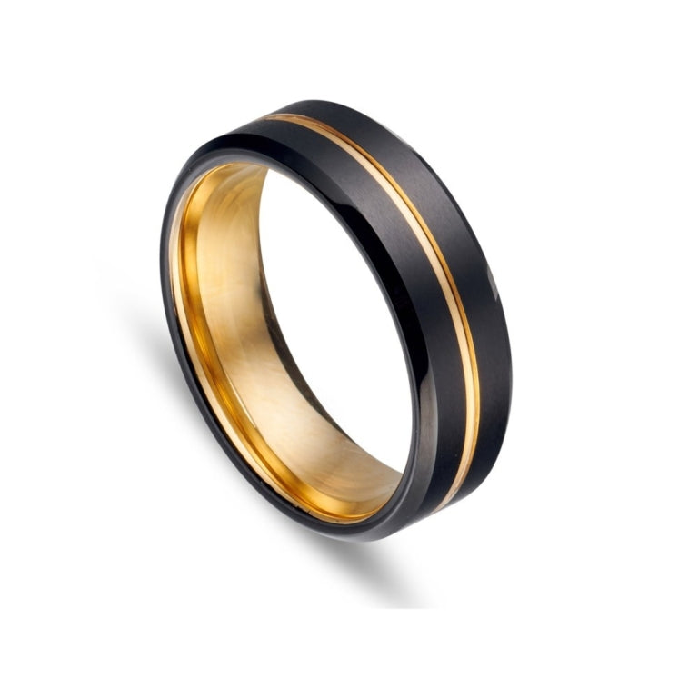 Brushed IP Black Tungsten Ring with Yellow Gold Groove