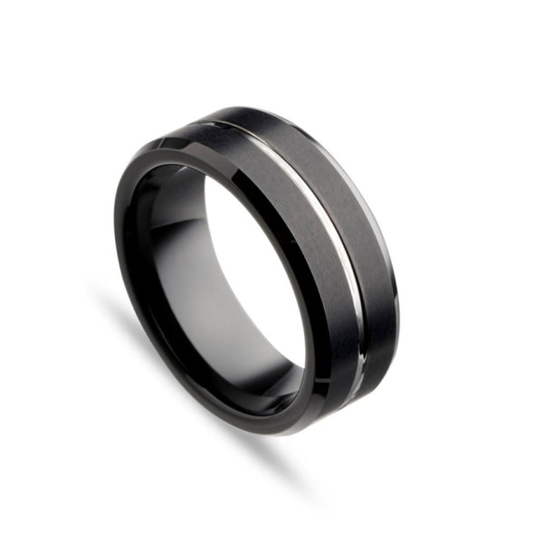 Brushed IP Black and Grooved Tungsten Ring