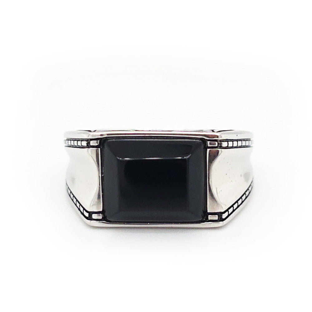 Sterling Silver Step Cut Baguette Onyx Ring with Details
