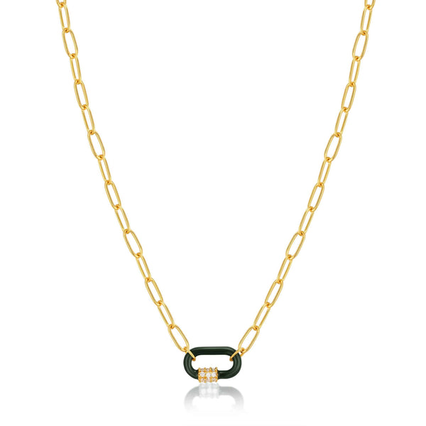 Forest Green Enamel Carabiner Gold Necklace