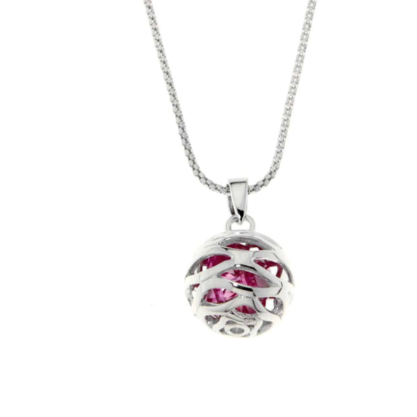 Pink Crystals in Round Ball Cage Silver Necklace